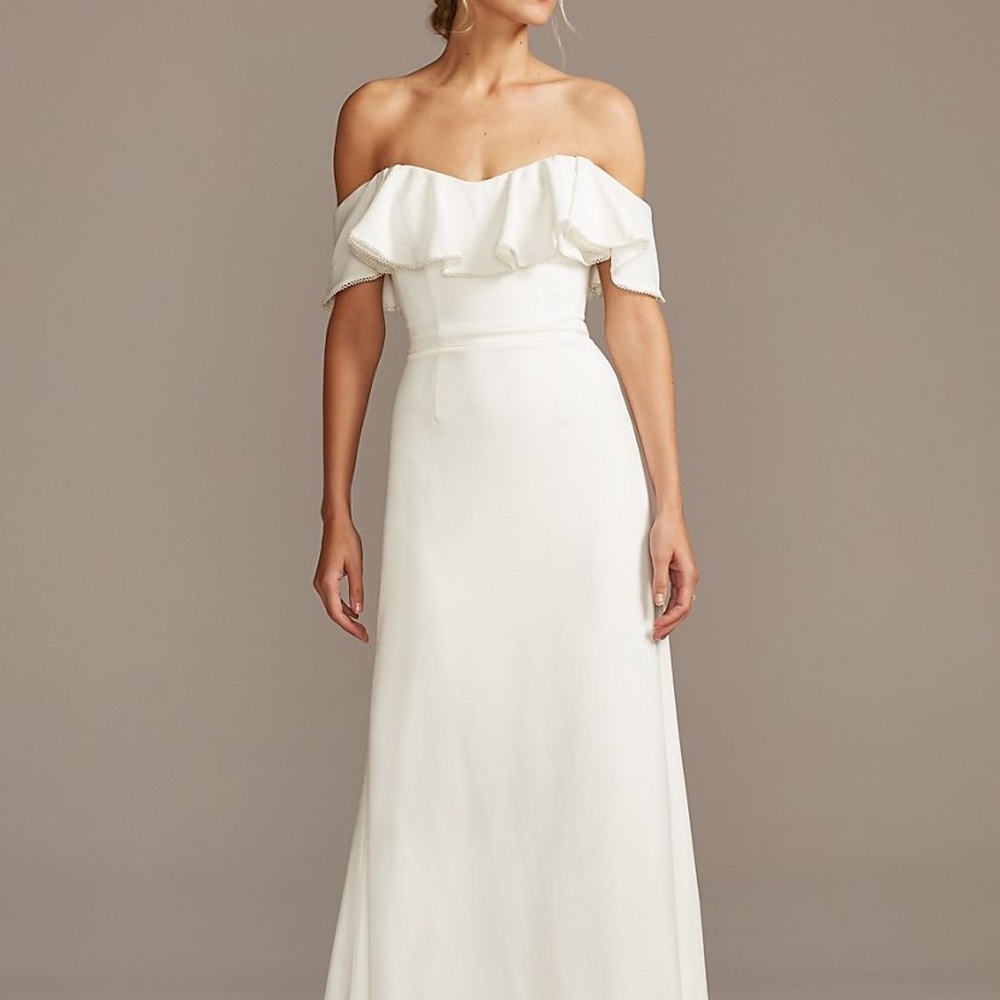 Pearl trimmed off the shoulder wedding dress